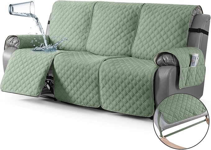 TAOCOCO 100% Waterproof Recliner Couch Covers, Recliner Sofa Covers with Leg Straps, 1-Piece Washable Reclining Sofa Cover with Pocket Couch Protector for Pets Kids(3 Seater, Sage Green)