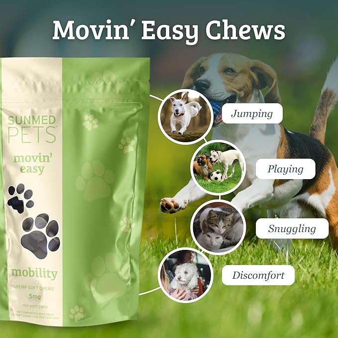 Sunmed Movin' Easy Hemp Pet Chews for Joint Health & Mobility – Omega-3, Green Lipped Mussels, 5mg Hemp Extract – Supports Flexibility & Comfort | Beef Liver & Sweet Potato, 40 Count