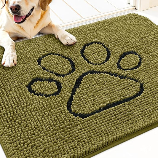 OLANLY Dog Door Mat for Muddy Paws 30x20, Paw Print Design, Absorbs Moisture and Dirt, Non-Slip Washable Doormat, Quick Dry Chenille Mud Mat for Dogs, Entry Indoor Entryway Carpet, Willow Green