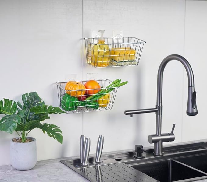 5 Pack Hanging Storage Basket, Bathroom Basket, Household Goods, with Traceless Tape, no Drilling, for Cabinet Storage, Kitchen, Bathroom, Storage Room,Chrome