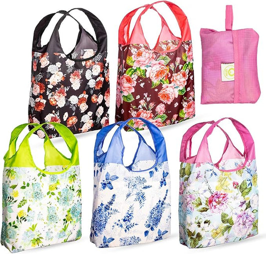 O-WITZ Reusable Grocery Bags | Vibrant Tote Bag For Groceries, Gym, Office, Beach & More | Washable Design With Large Handles For Maximum Convenience | Folds Into A Small Pouch, 5 Pack, Vintage Vibes