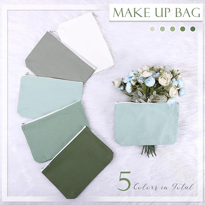 Reginary 10 Pcs Valentines Canvas Makeup Bags Bulk for Women Travel Toiletry Cosmetics Bags Blank DIY Pencil Pouch, Gift for Valentines Patrick's Day Wedding Bridal Shower Coworker(Green)