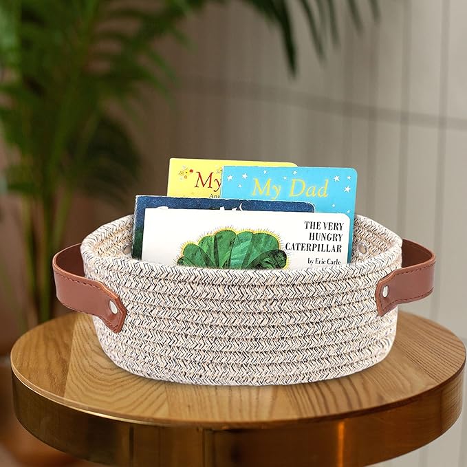 ABenkle Small Woven Basket, Mini Cotton Rope Storage Basket, Tiny Easter Basket, Shelf Basket, Oval Decorative Toy Dog Cat Basket for Nursery, Empty Gift Basket, 9.4" x 5.9" x 3.9" XS
