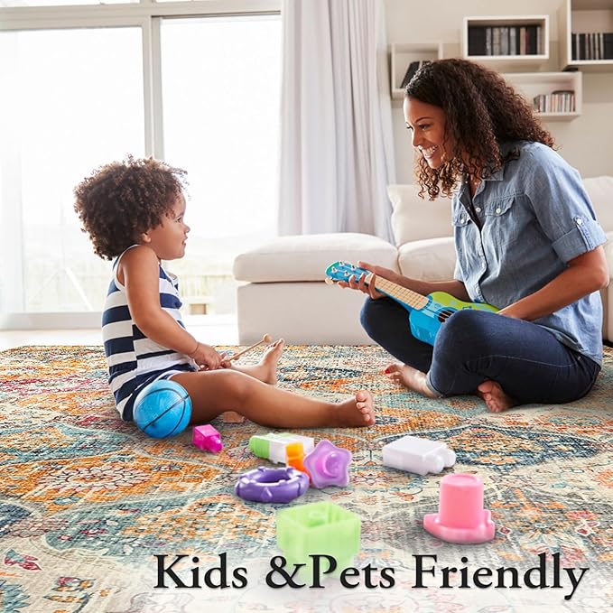 Lahome Moroccan 5x8 Area Rug, Ultra-Thin Washable Rugs for Living Room Bedroom, Soft Large Oriental Non-Slip Non Shedding Throw Large Carpet for Dining Room Office Elise, Cream/Multi