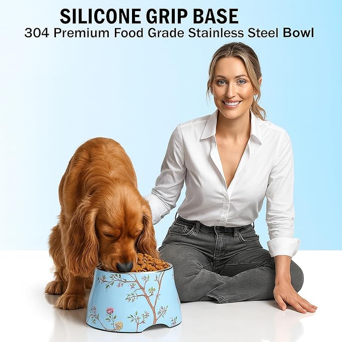 Dog Bowl - 7 inch Height Non-Slip Ideal for Medium Dogs it has Food-Grade 304 Stainless Steel Bowls for Food/Water Beautiful Design and high Capacity Large/3.8 Cups(860ml) Bowl Feeder (Blue)