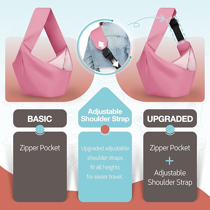 YUDODO Adjustable Dog Sling Carrier for Small Dogs Lightweight Crossbody Pet Bag with Safety Strap, Pocket Storage, Machine Washable, Comfortable Travel & Outdoor Sling up to 9 lbs Pink Fashion