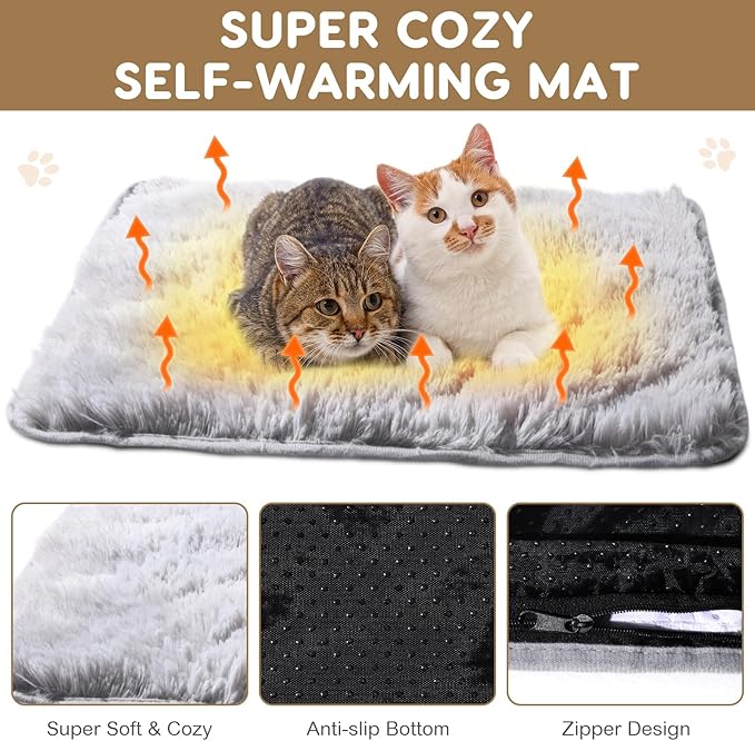 4 Pack Self Warming Cat Pad Self Heating Cat Mat Thick Faux Fur Plush Pet Bed Thermal Washable Dog Mat Anti Slip Bottom for Outdoor Indoor Pets(Grey,18" X 24")
