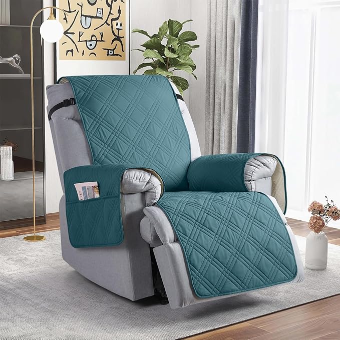 TAOCOCO 100% Waterproof Recliner Chair Covers, Non Slip Recliner Covers for Recliner Chair with Pocket, Washable Reclining Chair Cover Furniture Protector for Kids,Dogs(25'', Peacock Blue)