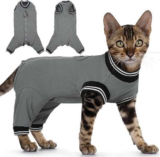 PUMYPOREITY Cat Recovery Suit for Hind Legs, Cat Surgical Spay Suit with Leg Sleeves to Stop Licking, Long Rear Sleeve Wound Cover Abdomen Kitten Onesie, Grey, L