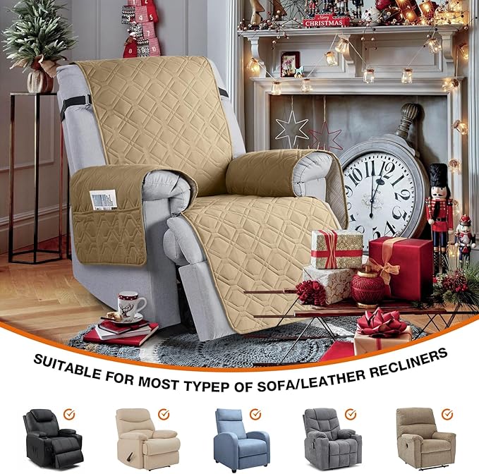 VANSOFY 100% Waterproof Recliner Chair Covers, Recliner Cover Non-Slip Dog Chair Cover Furniture Protector Washable Slipcover with Pocket, Elastic Straps for Pets, Dogs(Sand, 25")