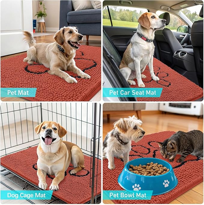 OLANLY Dog Door Mat for Muddy Paws 30x20, Paw Print Design, Absorbs Moisture and Dirt, Absorbent Non-Slip Washable Doormat, Quick Dry Chenille Mud Mat for Dogs, Entry Indoor Entryway Carpet, Maple Red