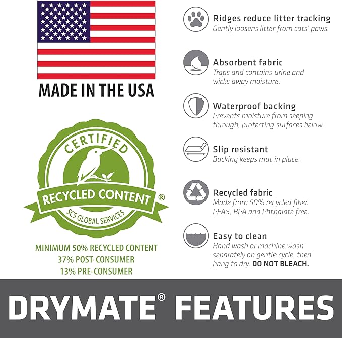 Drymate Premium Cat Litter Trapping Mat (Debossed Paw), Traps Mess from Box, Protects Floors, Urine-Proof, Machine Washable, Soft on Kitty Paws, Absorbent, Waterproof (USA Made, Recycled Content)