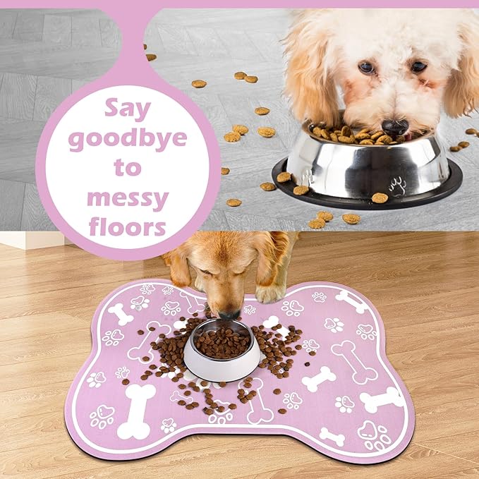Dog Cat Mat for Food and Water,Rapid Absorbent Pet Feeding Mat, Bone Shaped Dog Placemat Bowl Mat with Rubber Backing,No Stains Pet Food Mats Indoor, Pet Accessories Supplies,Pink 16"×24"