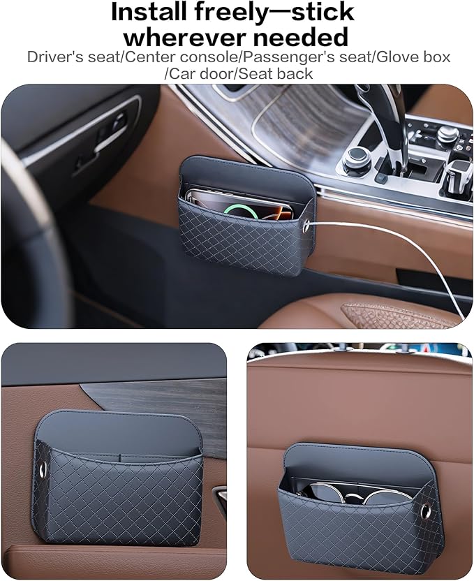 Self-Adhesive Car Seat Side Pocket Organizer with Cable Port - Black PU Leather Storage Pouch for Phone & Keys, Fits Gaps, Console & Door (1)
