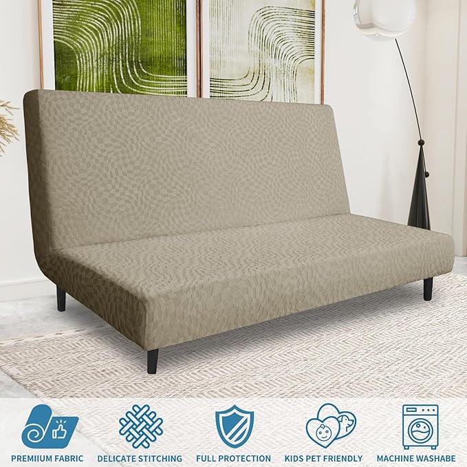ZNSAYOTX Fashion Futon Cover (67"-82") Stretch Fit Armless Sofa Bed Slipcover, Universal Foldable Sofa Mattress Protector Full Queen Size, Irregular Plaid Texture Jacquard Futon Protector (Khaki)