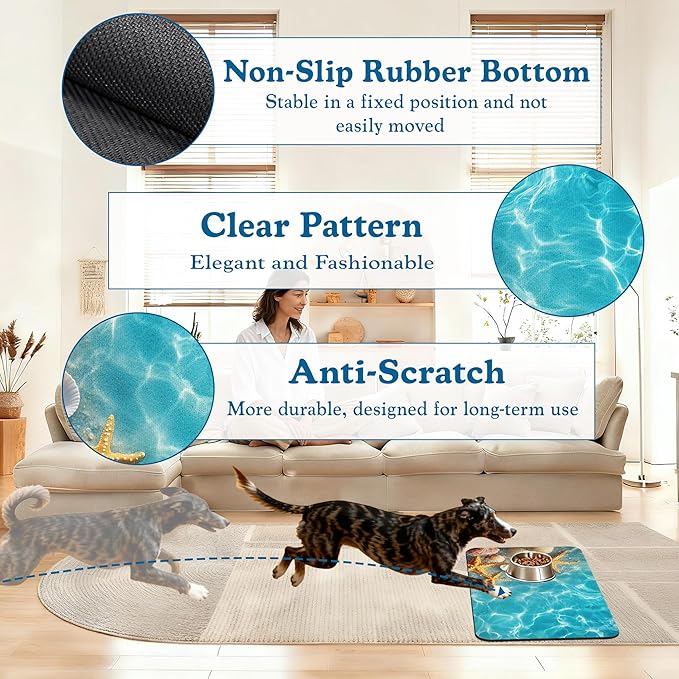 Starfish Seashell on Beach Pet Feeding Mat for Floors–Christmas Stocking Absorbent Quick Dry Dog Cat Bowl Mat for Food and Water, Non Slip Waterproof Base, Mess-Free Feeding Accessories 16"x24"