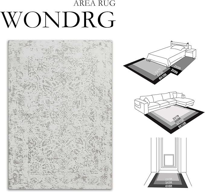 6x9 Fluffy Area Rug Grey Shag Neutral Carpet for Living Room Soft Medium Pile Floral Rug for Bedroom Dorm Office Dining Room Kitchen Nursery Modern Decor