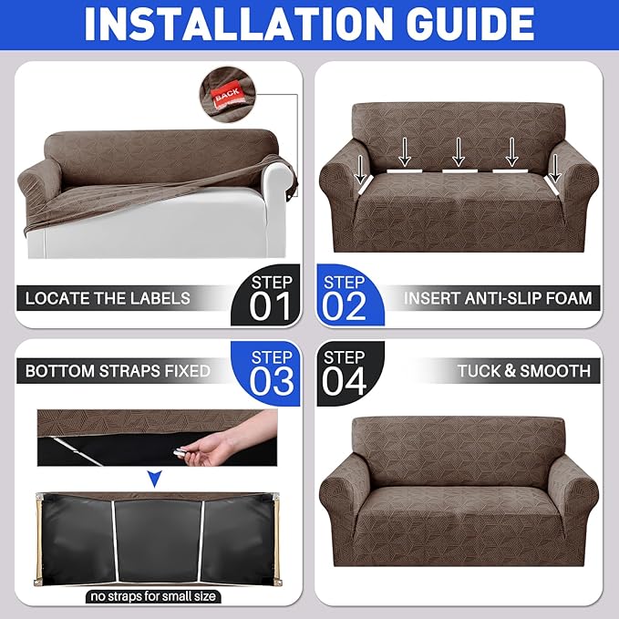YEMYHOM 1 Piece Stretch Couch Covers for 2 Cushion Couch, Jacquard Loveseat Cover with Non-Slip Elastic Bottom, Thickened Slipcover Furniture Protector for Dogs Pets (Medium, Brown）