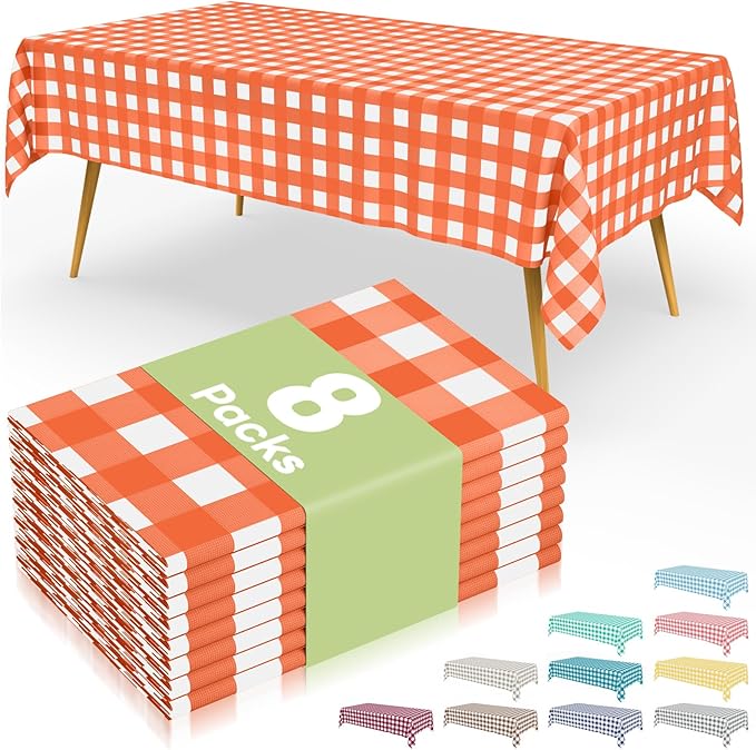 Smiry 8 Packs Gingham Disposable Table Cloth, 54 x 108 Inch Waterproof Plastic Tablecloth, Rectangle Orange and White Checkered Table Covers for Picnic, Birthday, Party