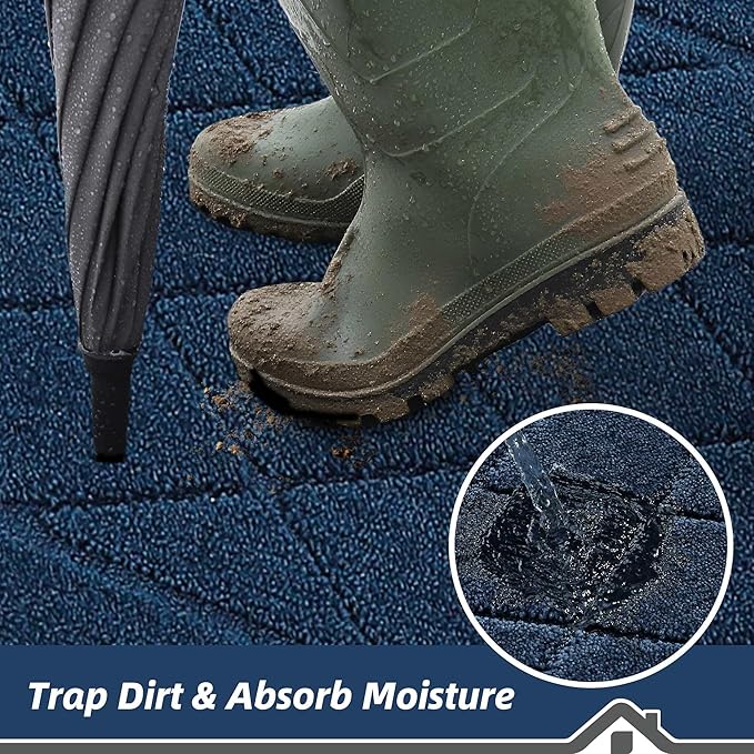 BEQHAUSE Dirt Trapper Door Mat 24" x 36", Doormat Non-Slip Entryway Rugs Washable, Dog Door Mat Stain Resistant and Absorbent Welcome Floor Mat for Front Back Door, Mud Wet Shoes & Paws, Navy Blue