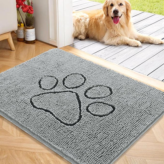 OLANLY Dog Door Mat for Muddy Paws 40x32, Paw Print Design, Absorbs Moisture and Dirt, Absorbent Non-Slip Washable Doormat, Quick Dry Chenille Mud Mat for Dogs, Entry Indoor Entryway Carpet, Grey