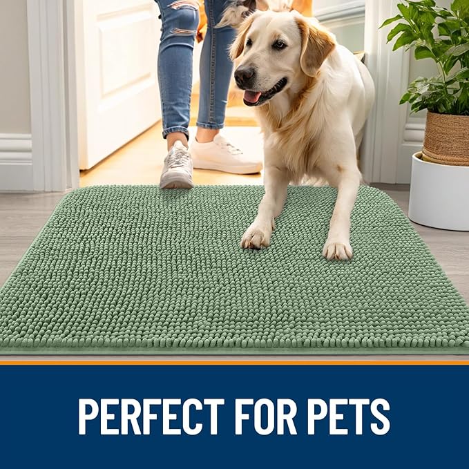 OLANLY Dog Door Mat for Muddy Paws 59x35, Absorbs Moisture and Dirt, Absorbent Non-Slip Washable Doormat, Quick Dry Chenille Mud Mat, Entry Indoor Entryway Carpet for Inside Floor, Olive Green