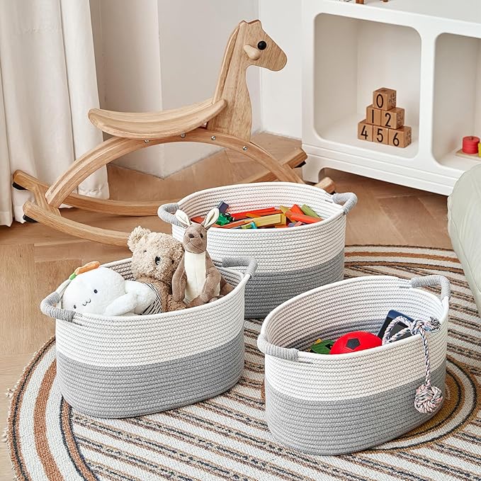 Storage Baskets for Organizing | 15"x10.2"x9.1" - 1 Pack Nursery Bin with Handles - Woven Cotton Rope Baskets for Dog Toys, Books, Shelf, Bathroom,Closet -Stylish Storage |White & Grey