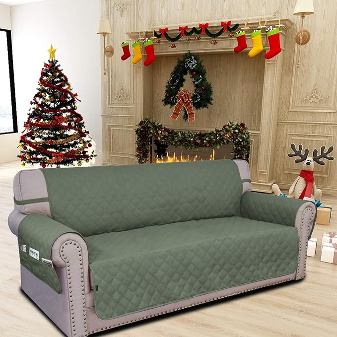 Easy-Going Sofa Slipcover Waterproof Couch Cover for 3 Cushion Couch Sofa Cover Furniture Protector Cover Pets Covers Washable Non-Slip Fabric Pets Kids Children Dog Cat (Sofa, Greyish Green)