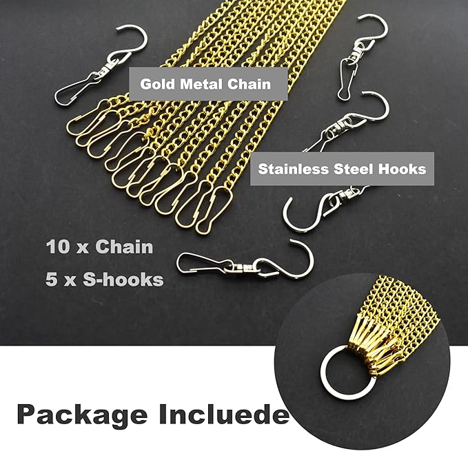 10 Pcs Fine Hanging Chain(1.2mm Dia.) Small Hang Bracket Decorative Replacement Link Chains Hooks for Sign Planter Bird Feeders,10 inch Long Gold Metal Chains and 5 Pcs Swivel S-Hooks
