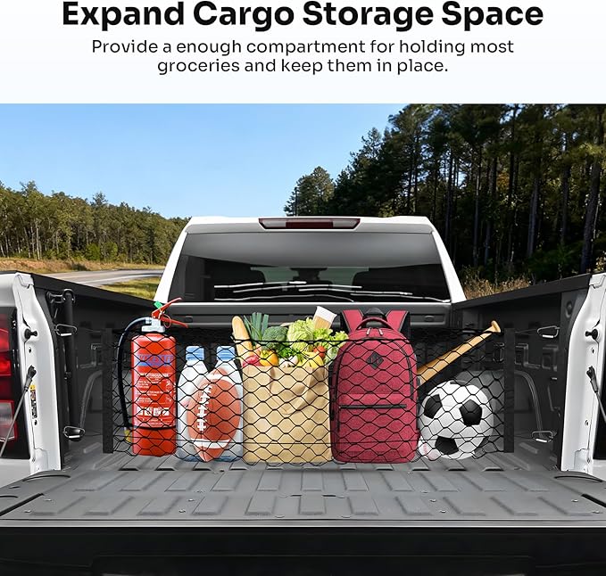 Truck Bed Cargo Net for 2019-2025 2026 GMC Sierra 1500/2020-2026 Chevy Silverado 2500 3500 Accessories Envelope Style Mesh Trunk Net Organizer and Storage Stretchable Nylon Rear Cargo Netting