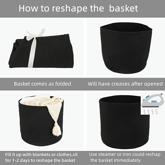 XUANGUO Cotton Rope Basket For Girls Boys Kids 16”X14” Baby Laundry Basket Nursery Bin Round Woven Baskets Organizer For Storage Toys Blankets Shoes Clothes black