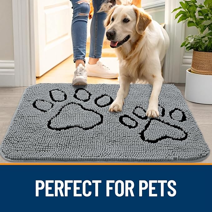 OLANLY Dog Door Mat for Muddy Paws 32x20, Double Paw Print Design, Absorbs Moisture and Dirt, Absorbent Non-Slip Washable Doormat, Quick Dry Chenille Mud Mat for Dogs, Indoor Entryway Carpet, Grey