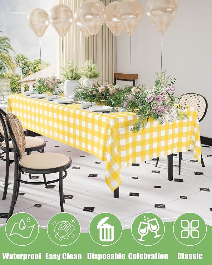 Smiry 12 Packs Gingham Disposable Table Cloth, 54 x 108 Inch Waterproof Plastic Tablecloth, Rectangle Yellow and White Checkered Table Covers for Picnic, Birthday, Party