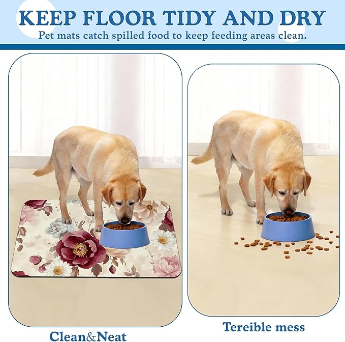 Vintage Floral Rose Pet Feeding Mat–Christmas Stocking Quick Dry Absorbent Dog Cat Food Mat, Non Slip Waterproof Bowl Placemat for Messy Eaters, Pet Accessories for Floors 12"x20"