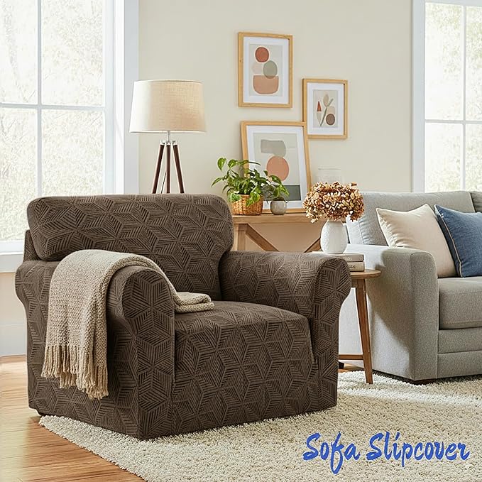 YEMYHOM 1 Piece Stretch Chair Sofa Slipcovers Couch Covers for 1 Seat, Jacquard Armchair Covers with Non-Slip Elastic Bottom, Thickened Furniture Protector for Dogs Pets kids (Small, Brown）