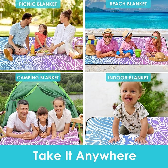 Waterproof Picnic Outdoor Blanket, 79" x 59" Sandproof Foldable Large Picnic Blanket for Beach, Camping, Park, Travel, Concert, Great Gift for Families and Couples (Hand Drawing)