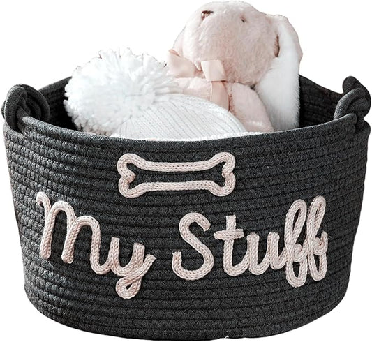 JUPPE Pet Storage Basket with Rope Handles, Cotton Woven Dog Toy Bin, Black with 'My Stuff' Text, Decorative Organization, Dog Toy Organizer (Black grey dog basket)