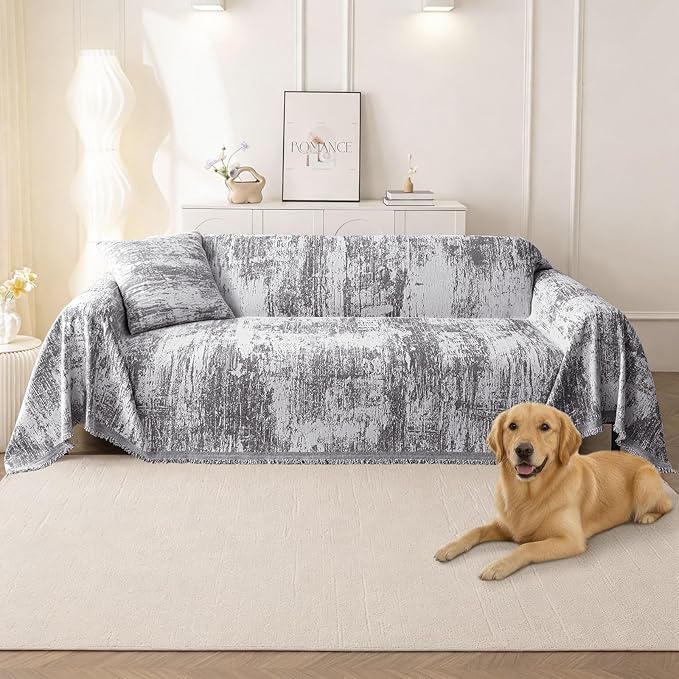hyha Couch Cover for Dogs, Boho Sofa Covers for 3 Cushion Couch Washable, Chenille Sofa Slipcover for Pets, Soft Loveseat Sectional Couch Throw Blankets with Tassels (Dark Grey/White, 71x150 Inch)