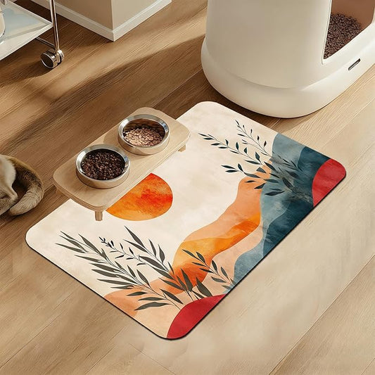 Boho Mountain Sun Pet Food Mat for Cats and Dogs–Absorbent Quick Dry Feeding Placemat, Non Slip Rubber Base, Waterproof Bowl Mat for Indoor Use, Pet Supplies 12"x20"