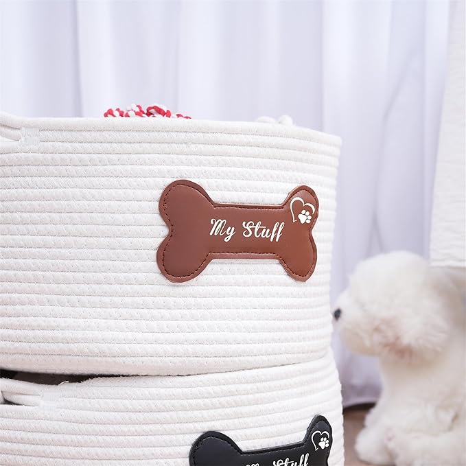 Pet Dog Storage Basket with Brown Leather Bone Design, Cotton Rope Organizer for Dog Toys, 12 x 12 x 7 inches, Puppy Toy Storage Organizer (Brown Leather Basket)