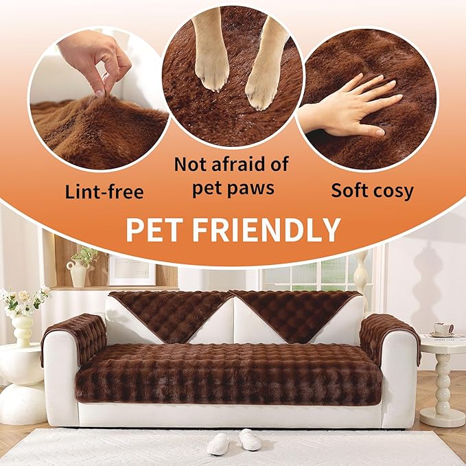 Waterproof Dog Bed Cover Non Slip Couch Covers for Dogs Washable Soft Faux Fur Sofa Cover Couch Covers for 2 Cushion Couch Sofa Pet Friendly (Brown)