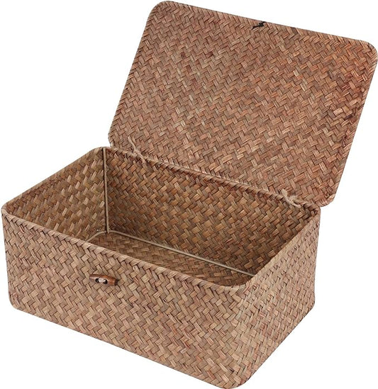 FEIALNDUO Wicker Shelf Baskets with Lid,Seagrass Storage Basket Bins Rectangular Handwoven Basket Boxes for Shelves Desktop Home Organizer (Coffee, Medium)