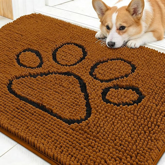 OLANLY Dog Door Mat for Muddy Paws 30x20, Paw Print Design, Absorbs Moisture and Dirt, Absorbent Non-Slip Washable Doormat, Quick Dry Chenille Mud Mat for Dogs, Entry Indoor Entryway Carpet, Ochre