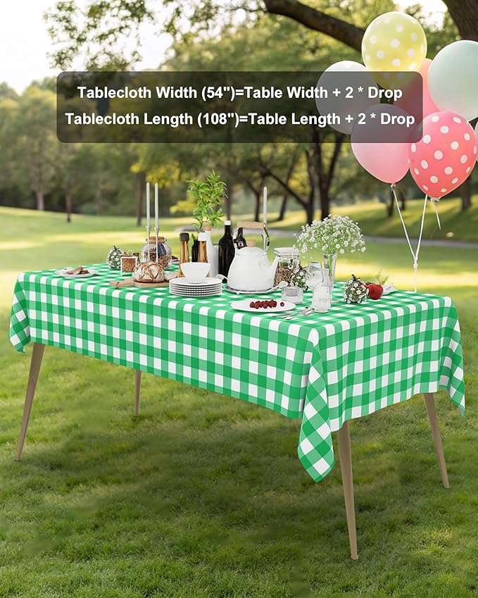 Smiry 12 Packs Gingham Disposable Table Cloth, 54 x 108 Inch Waterproof Plastic Tablecloth, Rectangle Green and White Checkered Table Covers for Picnic, Birthday, Party