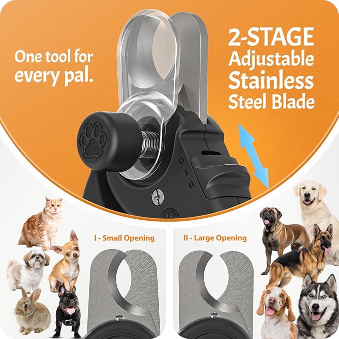 Pet Nail Clipper PRO 2026 - Quick-Vision LED Light | 2-Stage Adjustable Professional-Grade Blade | Adjustable Magnifier Safety Guard - for Cats, Small, Medium and Large Dogs - Black