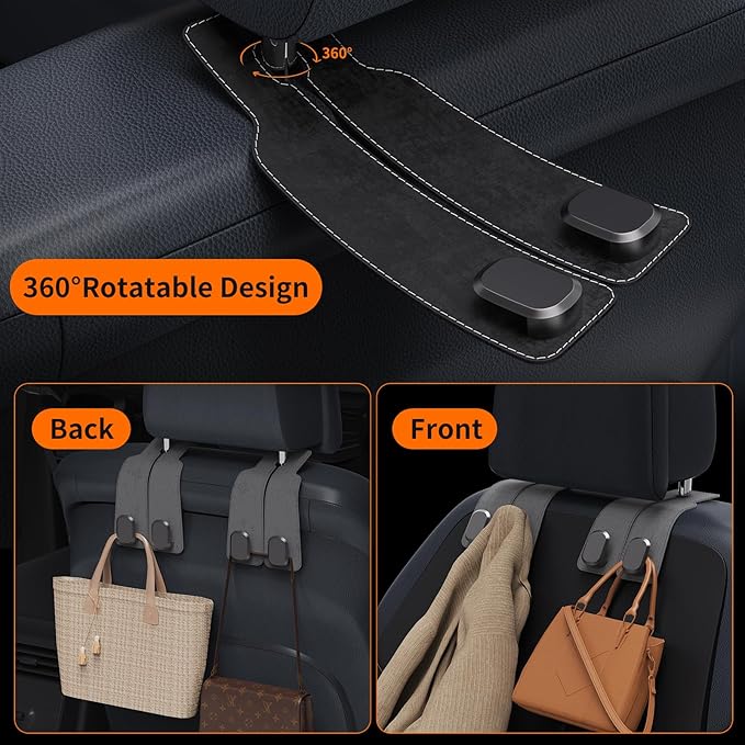 BiYiQi Headrest Hooks for Car, Seat Back Storage Hook Leather Alloy Car Purse Hook, Car Seat Storage Hanger, Car Hooks for Purses, Bags, Handbags,(2 Pack),Black