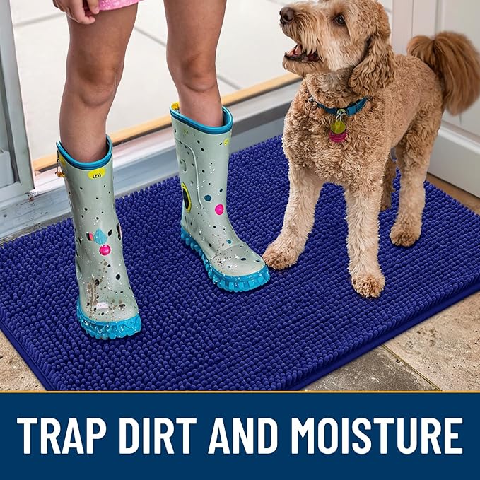 Smiry Dog Door Mat for Muddy Paws 30x20, Absorbs Moisture and Dirt Doormat, Non-Slip Washable Quick Dry Chenille Front Door Mat Indoor Entrance, Entryway Carpet for Inside Floor, Navy Blue