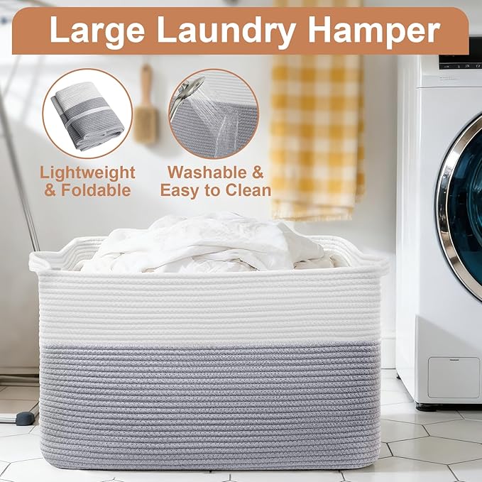 75L Large Blanket Basket, Rectangular Cotton Rope Basket, Laundry Hamper for Blankets, Pillows, Extra Large Toys Storage Bins for Kids, Dogs 22" x 17" x 12", White & Gray