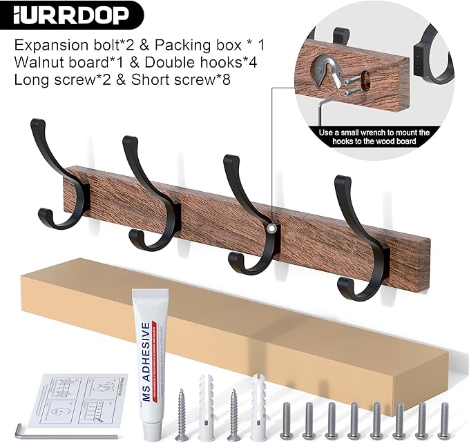 IURRDOP 17 Inch Black Walnut Wood Wall Mounted Coat Rack with 4 Black Double Hooks, Adhesive Mounted Entryway Hooks, Modern Natural Wooden Pegs for Hanging Coat Clothes Hat Bag Purse Key and Towel