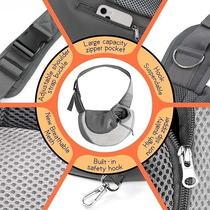 YUDODO Pet Sling Carrier for 2-5 lbs Small Dogs & Cats – Hands-Free Puppy Carrier with Safety Hook, Large Zipper Pocket, Soft Breathable Mesh, Adjustable Strap & Reflective Strip (Gray 1.0 S)